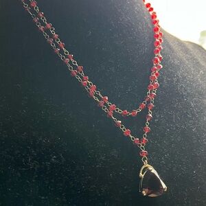 90s Vintage Red Vamp Beaded Layered Necklace with Dark Red Faceted Pendant